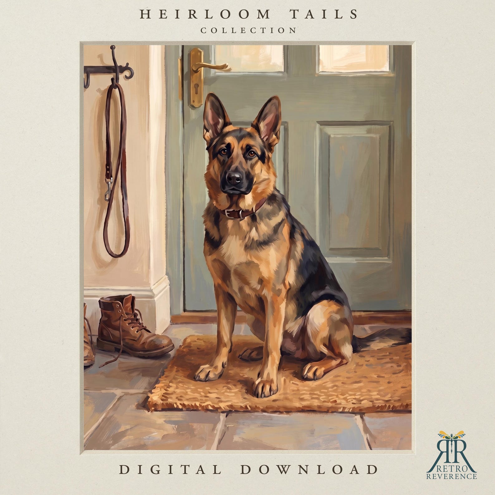 Custom dog portrait of a dog sitting patiently by a hanging leash and muddy boots in a vintage entryway