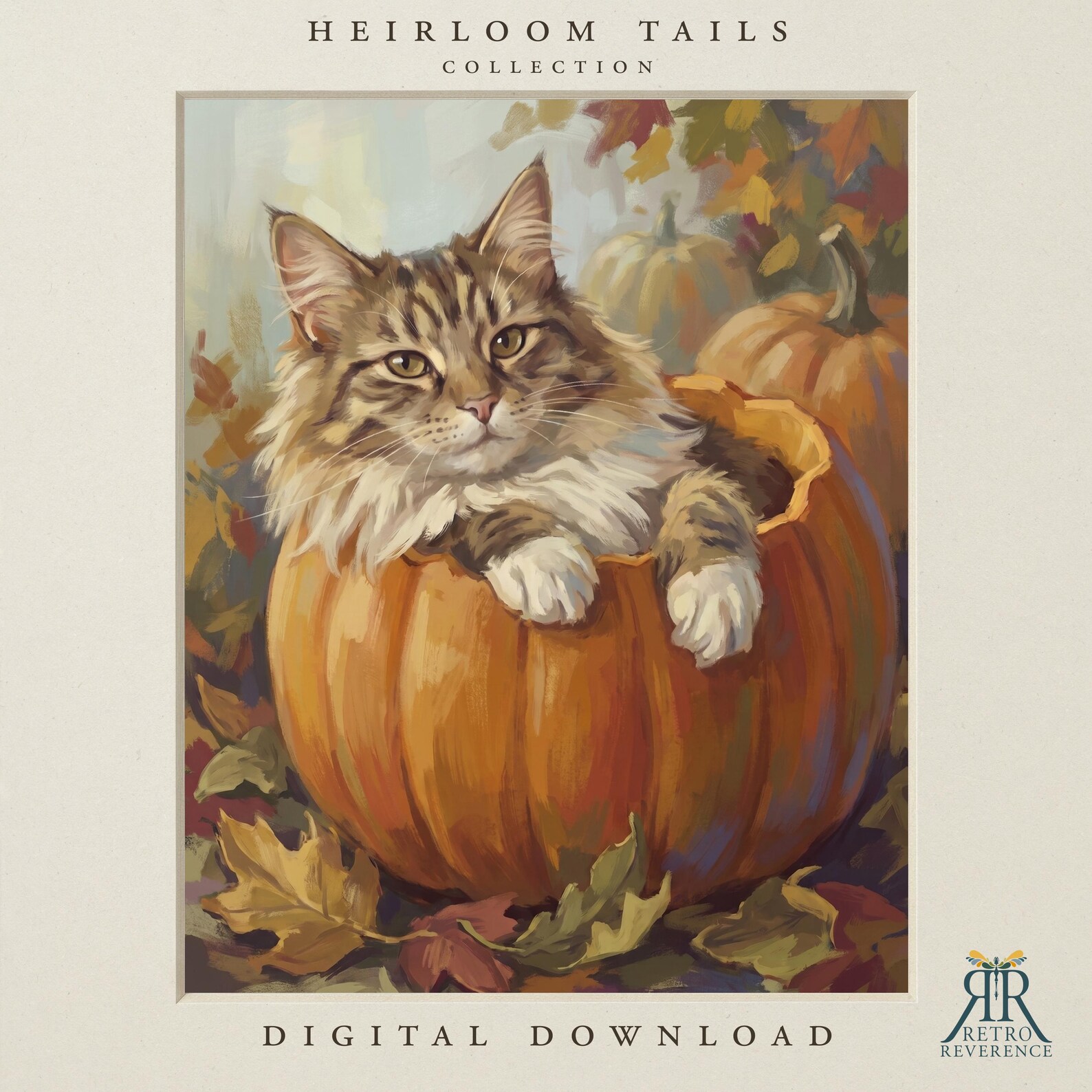 Autumn cat portrait of a cat nestled inside a carved pumpkin among drifting orange fall leaves