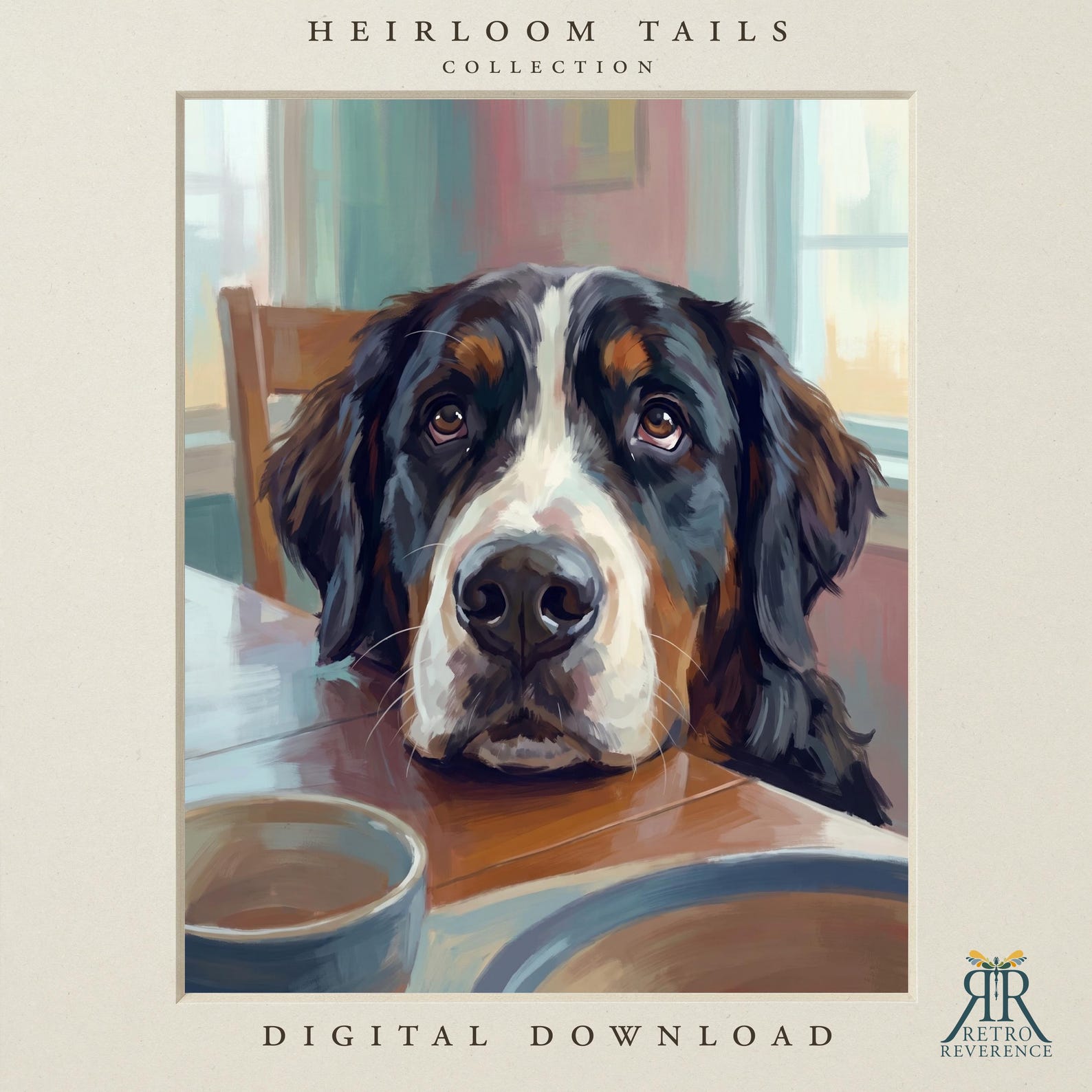 Custom dog portrait of a dog resting its chin on a heirloom dining table with pleading eyes beside the dinner plates