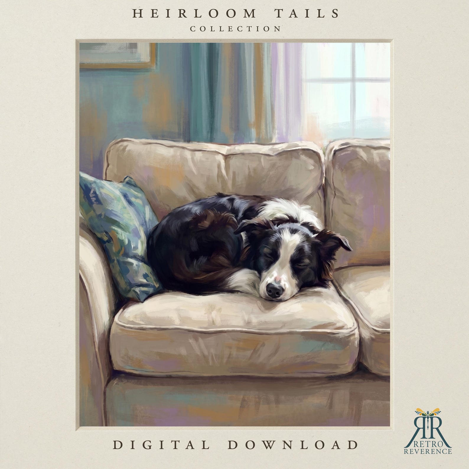 Custom dog portrait of a dog curled asleep on a vintage sofa in soft afternoon light