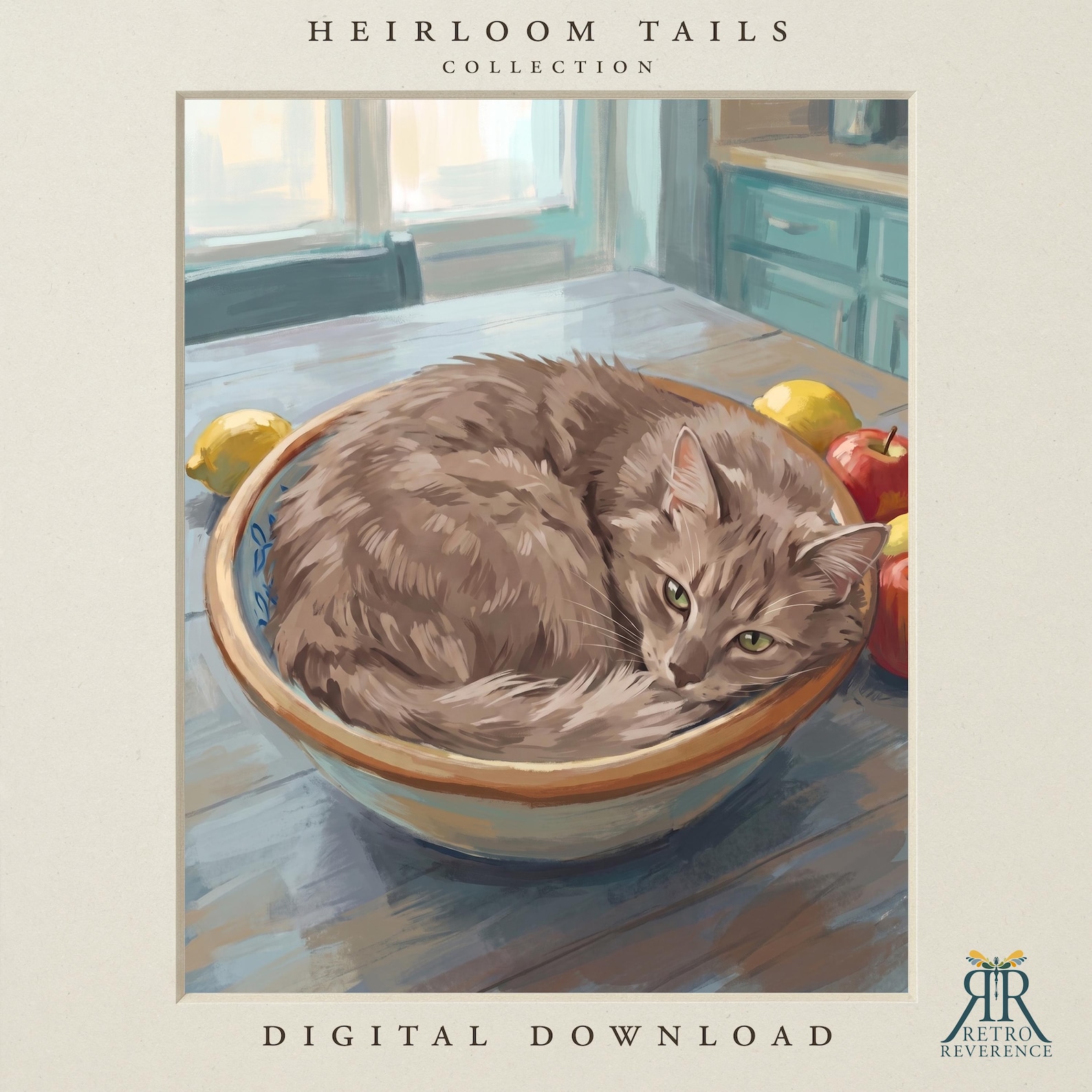 Memorial cat portrait of a cat settled on a quiet cottage kitchen counter beside copper pots and fresh bread