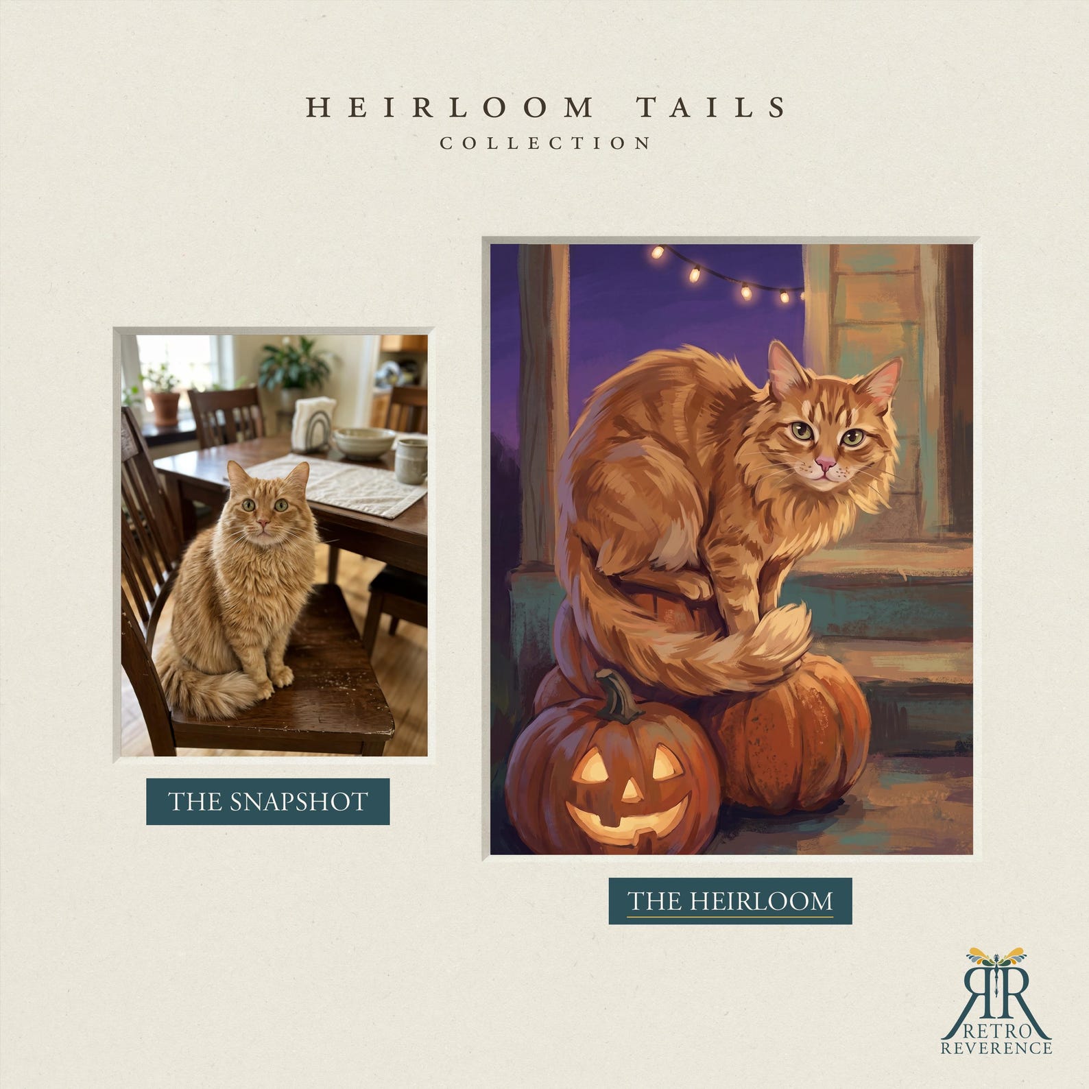 Before and after: an orange tabby's customer photo transformed into a custom cat portrait in the Heirloom Halloween scene.