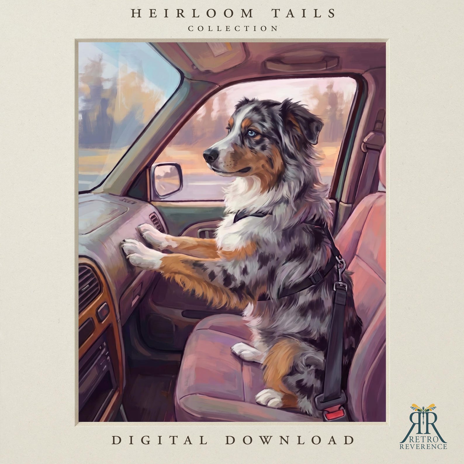 Custom dog portrait of a harnessed dog with paws on the dashboard of a vintage car, sunset landscape rolling past the window