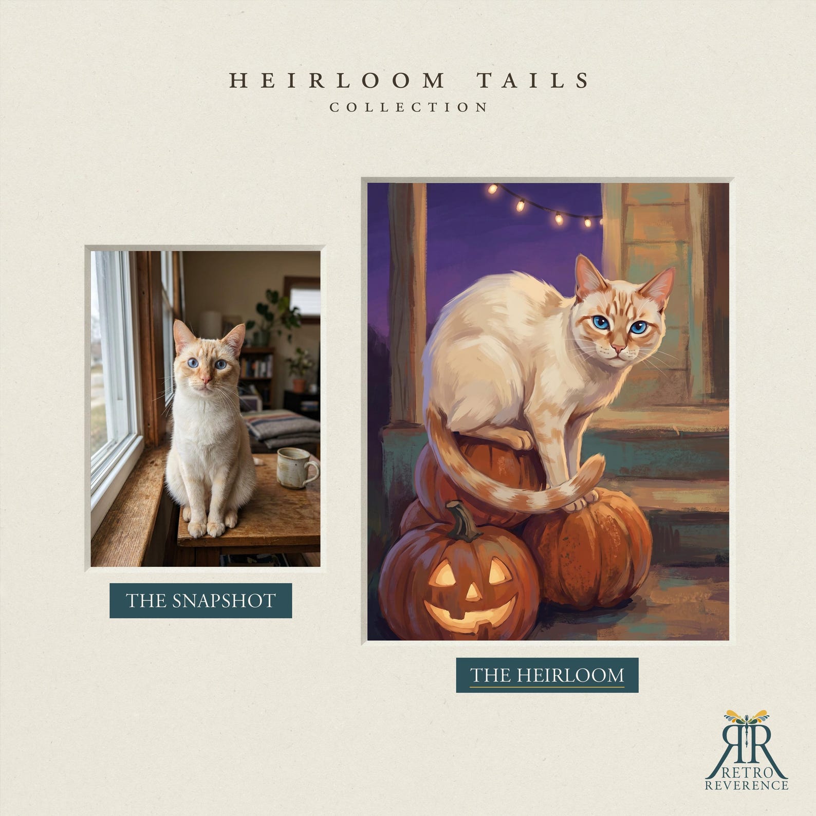 Before and after: a cream point cat's customer photo transformed into a custom cat portrait in the Heirloom Halloween scene.