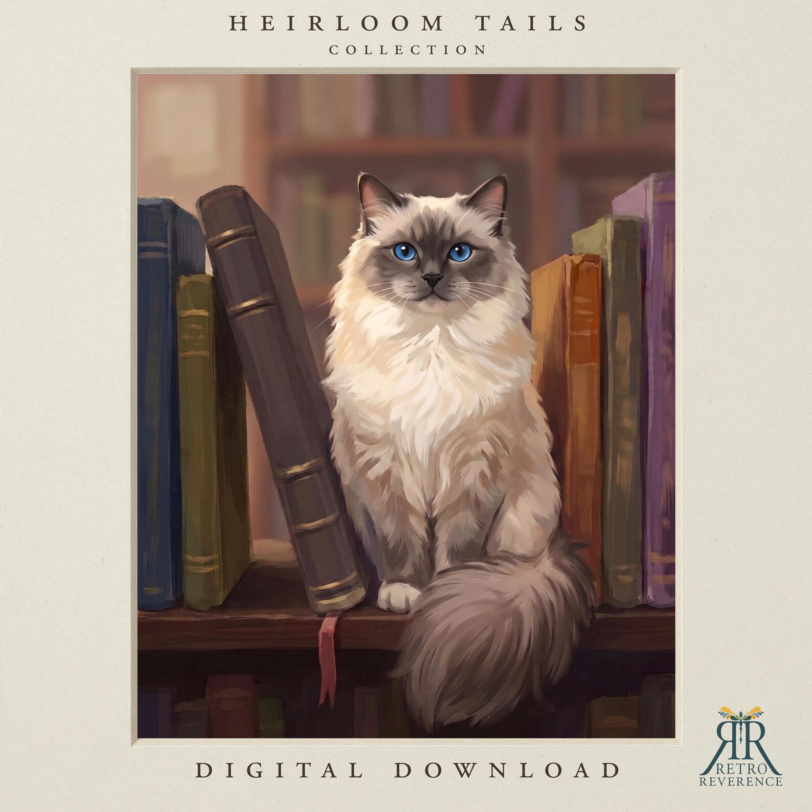 Custom cat portrait of a cat seated among old leather-bound books and candlelight in a dark academia library scene