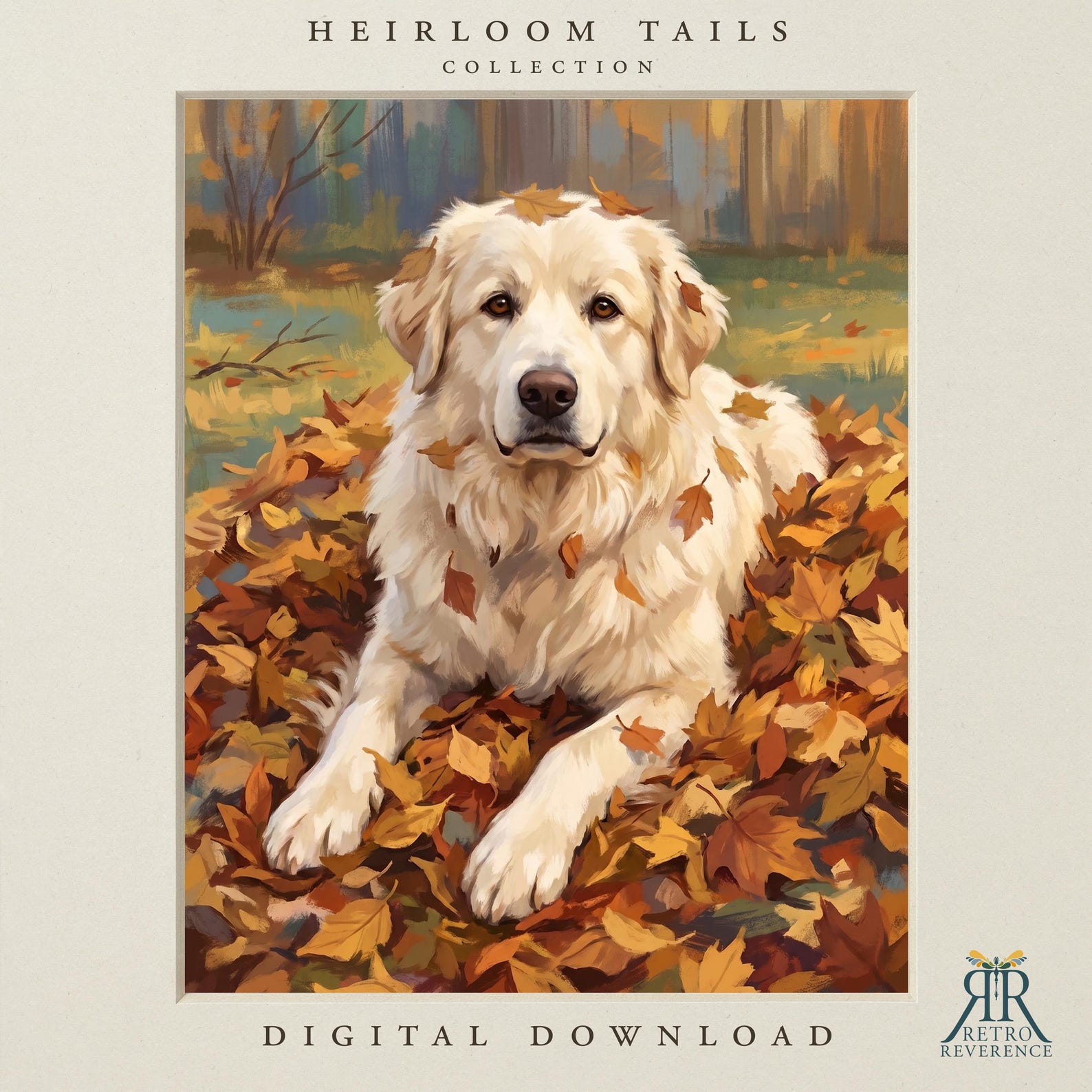 Custom dog portrait of a dog sprawled happily in a drift of gold and rust maple leaves on an autumn afternoon