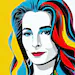 Colorful pop-art style illustrated portrait of Amy, founder of Retro Reverence, smiling with bold graphic brushwork