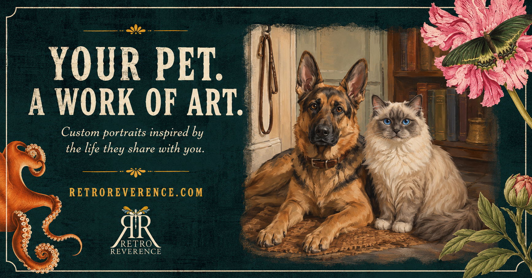 Retro Reverence banner: a German Shepherd and a fluffy cream cat sitting together in a vintage library setting, with the words 'Your Pet. A Work of Art.' and the Retro Reverence logo
