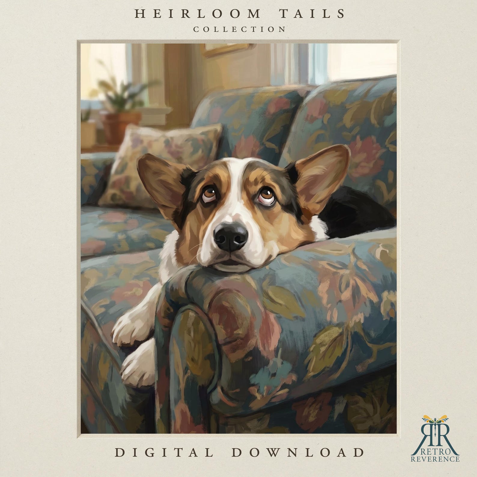 Custom dog portrait of a dog draped dramatically over a floral cottage armchair