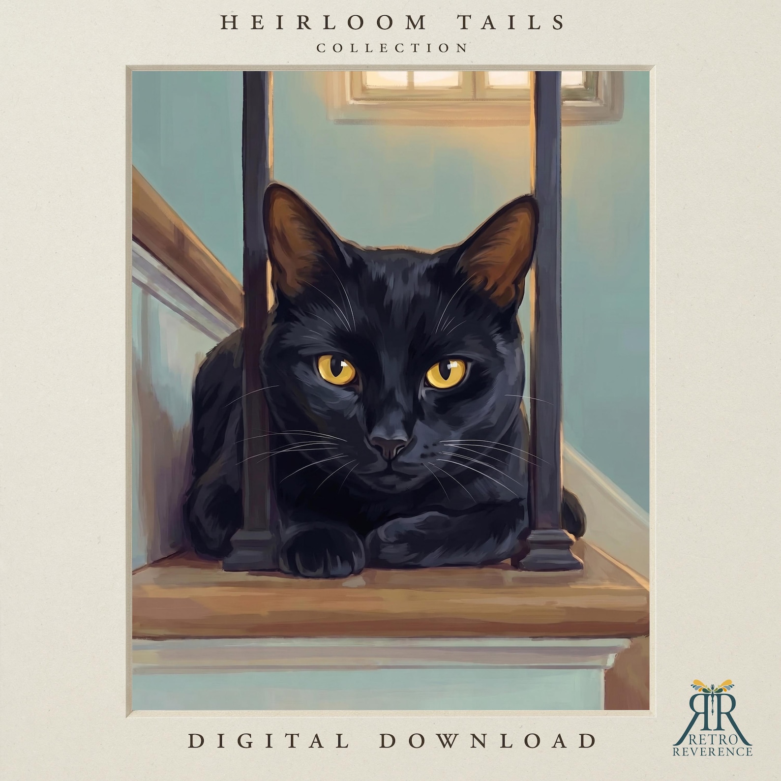 Pookah, the cat behind Retro Reverence, in the Watchful stairway portrait
