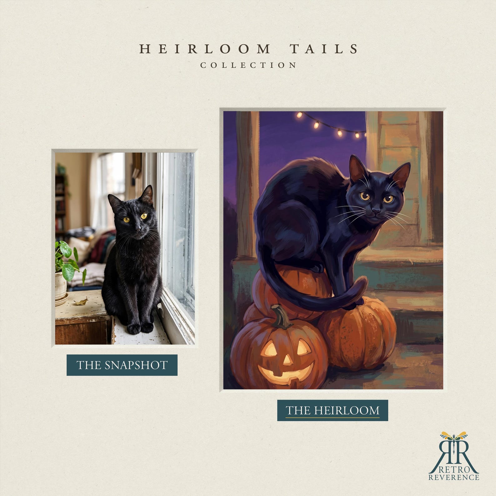 Before and after: a black cat's customer photo transformed into a custom cat portrait in the Heirloom Halloween scene.